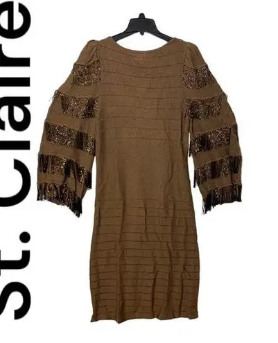 St Claire vintage women’s 8 medium knit brown dress beaded fringe puff St. John