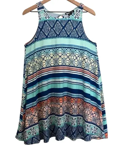 Planet Gold Blue Multicolor Geometric Stripes Tent Mini Summer Tank Top Dress