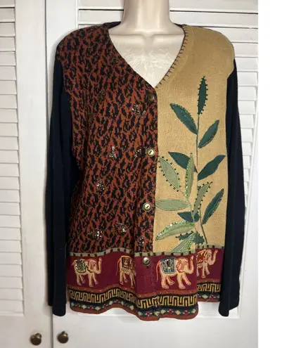 Vintage 80s Ronnie Salloway Cardigan Animal Print Elephant Knit Boho Sweater XL Brown