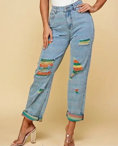 Shop Michella Women High Waisted Distressed Colorful Light Wash Denim Jeans Sz L Blue