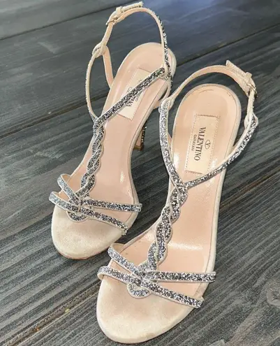 Valentino Nude Sandals with Glittering Black Straps Size 36 GUC straight legged Tan