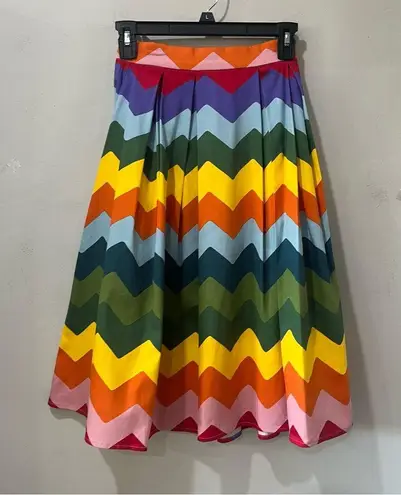 Collectif Malibu Rainbow Chevron Swing Zigzag Knee Len Skirt Size XXS 2 1950s Green