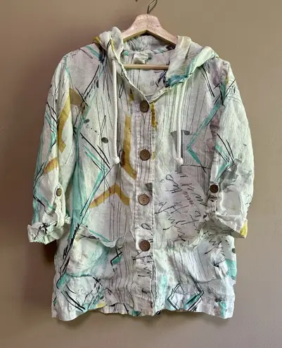 Dolcezza 100% Linen Jacket Women's Sz Large Colorful Button Up Hooded Pockets White