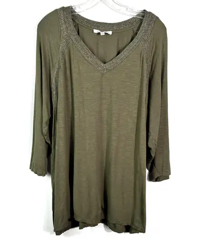 Rose + Olive Green Metallic Knit Detail 3/4 Sleeve Plus Size Tunic Blouse 2X