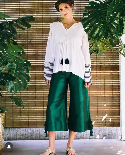 Rhode Resort Lotta high-waist wide leg tassel cropped blue silk pants size small