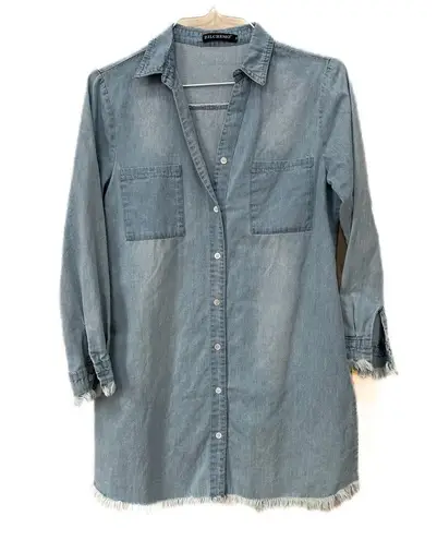 Zilcremo Women Denim Shirt Dresses Long Sleeve Distressed Button Down Tunic Top Blue Size M