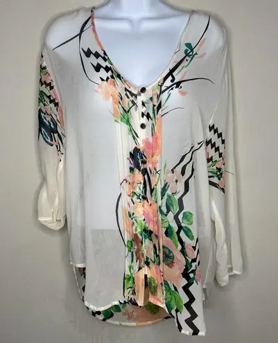 Yumi Kim Womens Floral Roll Tab Sleeves Cream Pink Button Top 100% Silk Size S