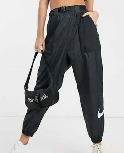 Nike  Belted Woven Track Jogger Pants in Black Swoosh