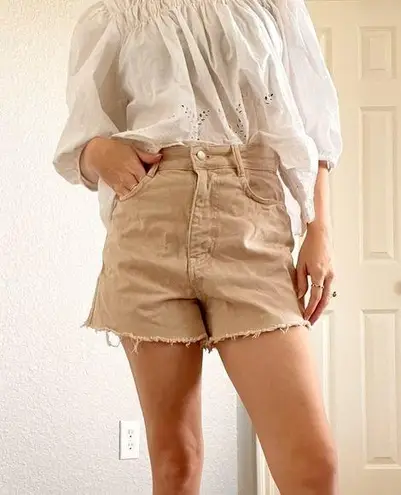 ZARA  Khaki Denim Raw Hem High Waisted Shorts