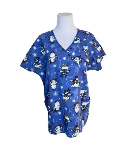 JIJ Scrubs Blue Snowman Snowflake Scrub Medical Top LARGE Wintertime Snow