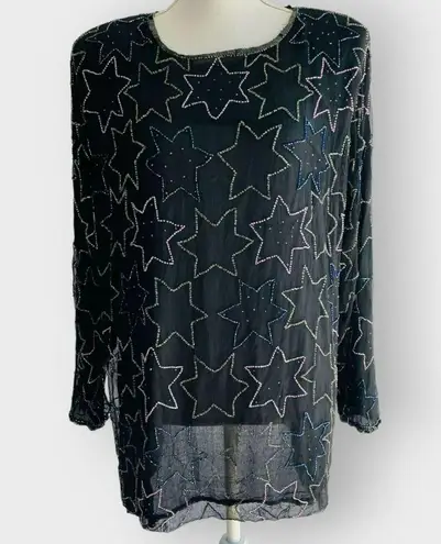 American Vintage Crimson Blouse Vintage Beaded Stars Novelty Long Sleeve Keyhole Black 100% Silk