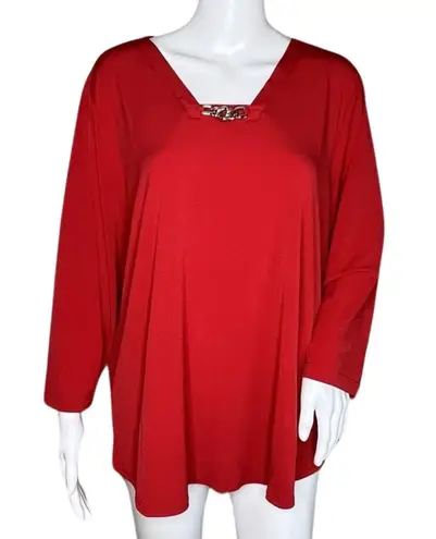 Susan Graver Shirt Womens 1X Red Tunic Top Liquid Knit Casual Work Versatile