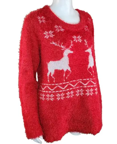 French Laundry Women's Large Fuzzy Ugly Christmas Sweater Reindeer Red Pullover