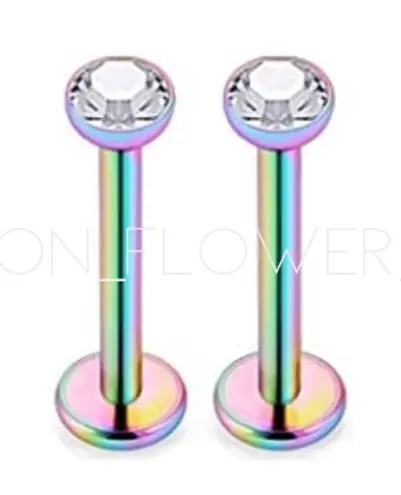 Rainbow Stainless Steel CZ Flat Back Earrings Pink