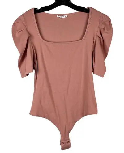 REORIA Women Square Neck Bodysuit Puff Sleeve Ribbed Corset Tops XL Pink