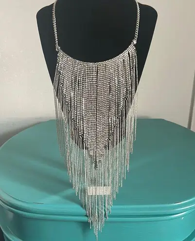 Stunning Statement Rhinestone Silver Tone Chain Fringe Bib Necklace