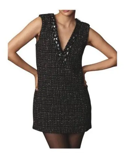 Maeve Anthropologie Sequin Embellished V-Neck Tweed Mini Dress Black Size XS