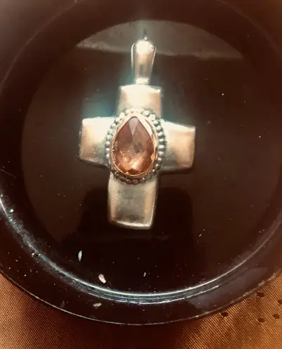 Sterling Silver Large Antique  Cross With Quality Citrine Stine