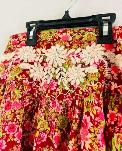 Free People  co-ord set Nyomi Embroidered Floral Mini Skirt Crop Top Red pink