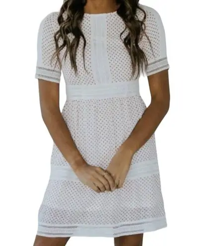 Roolee Dress Polka Dot Lace Trim Cottage Style Short Sleeve Back Zip White Small