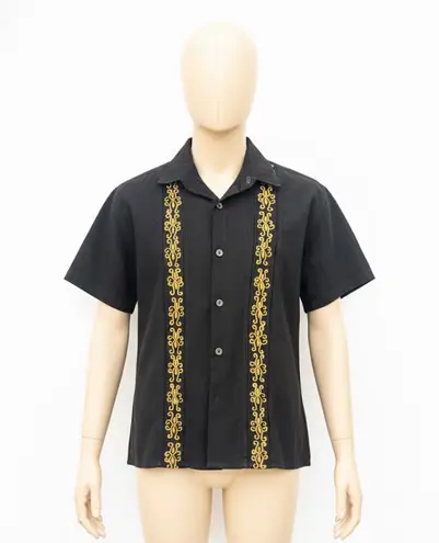 Handmade Men's Mexican Black Embroidered Shirt - Cotton, Gold Accent (Size M )