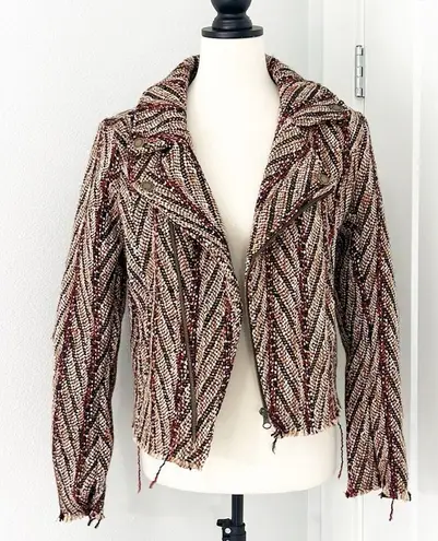 Bob Timberlake XS Burgundy Brown Full Zip Jacquard Moto Jacket Sweater