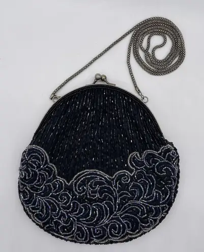 Vintage La Regale Purse Bag Beaded Black Silver Tone Evening Formal Chain Strap