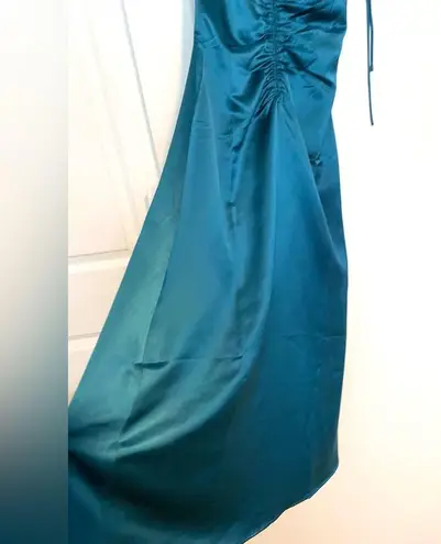 Jason Wu  Teal Turquoise Satin Tie Strap low black slip midi dress ruched XS