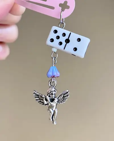 Handmade angel/cherub & Czech glass flower & dice Kawaii y2k unique dangle pink hair clip⭐️👼💕