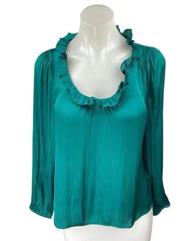 J.Crew Teal Blue Green Long Sleeve Scoop Ruffle Neck Pullover Blouse Top Size S