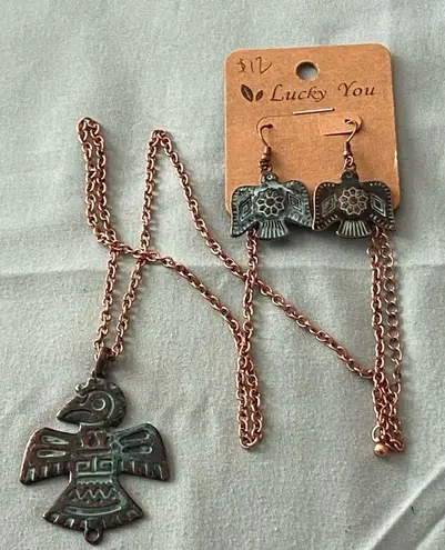 Lucky You 24” Necklace & Earrings Set Thunderbird Copper Tone Native American Brown