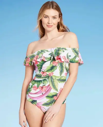 Kona Sol Swim Women's Off Shoulder Flounce High Coverage One Piece Swimsuit L