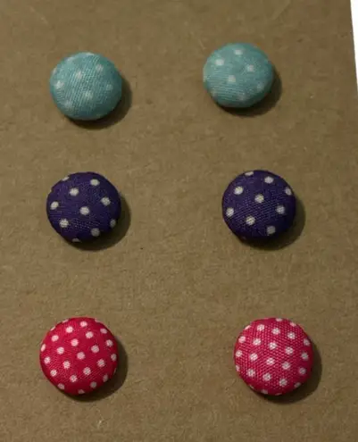 None Fabric Covered Button Earrings Stud Set Pink Purple Teal Blue Polka Dots Round