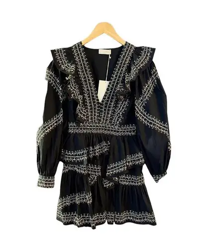 Ulla Johnson Anais Mini Dress Ruffle Embroidered V-Neck Black Noir Cotton 2 NWT