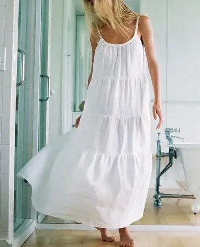 Eberjay Eberjey Kesia Sleeveless Linen Sleep Nap Dress Size Large White Tiered Maxi Gown