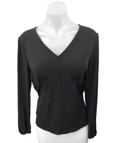 Tahari Black Long Sleeve V Neck Faux Button Up Corset Bustier Blouse Top Size L