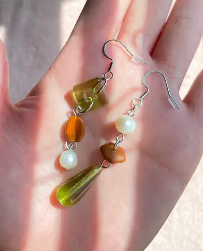 Handmade boho vintage aesthetic fairy chic style Czech glass beads mix pearl asymmetric dangle earrings🍃🌙🌳🫒🌀