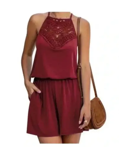 🆕Lace Splicing Drawstring Pocket Romper L🆕 Red Size L