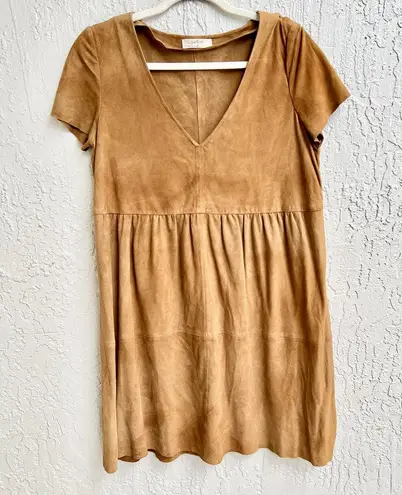 Ba&sh Short Sleeve Goat Suede Leather V-Neck Mini Dress Beige Women's 2 / Medium