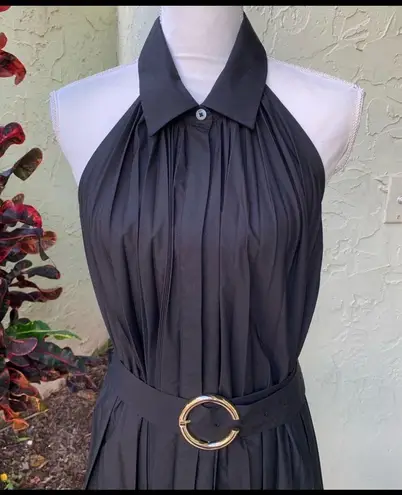 Elie Tahari Pleated Fit & Flare Belted Halter Midi-Dress