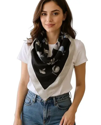 Vintage Satin Floral Scarf Black Blue Square Neck Head Bandana Kerchief Silver