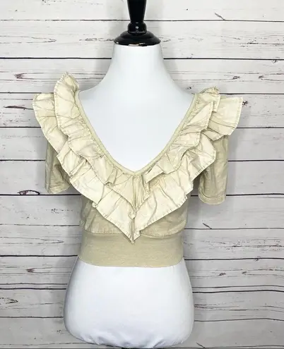 ZARA  Beige Cream Ruffled V-Neck Crop Top Size Small