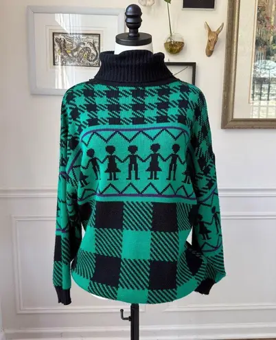 Vintage 90s L Simsbury Ltd Green Black Purple Oversized Turtleneck Sweater M L X Size XL