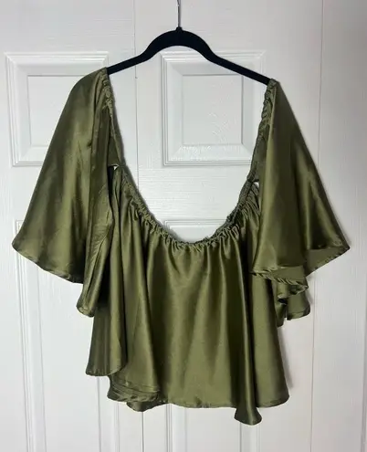 Missguided  Green Olive Satin Bardot Off The Shoulder Blouse Top Size 12 Large