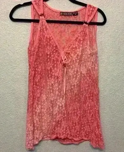 Raya Sun pink Ombre crochet lace top sz M beachy resortwear summer sheer festiva