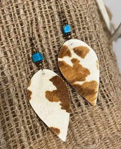 Cowprint turquoise dangle drop boho earrings artisan hand crafted unique Brown