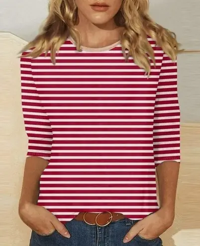 Talbots  Scalloped Neck White Red Stripe Top Sz Sp - Image 1