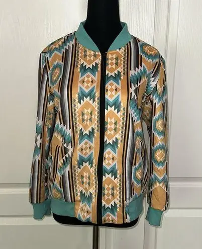 Crazy Train  YELLOW & BLUE AZTEC GEOMETRIC WESTERN COUNTRY COWGIRL BOMBER JACKET