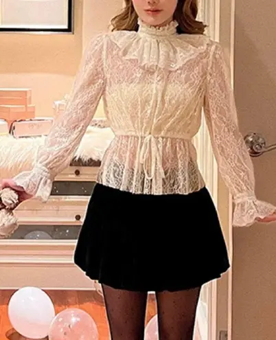 Japanese Kawaii Victorian Style Cream Lace Ruffle Ribbon Shirt Blouse Top