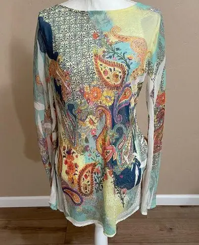 Vintage Just in Time Printed Sheer Top Womens Large Blouse Y2K Rhinestones